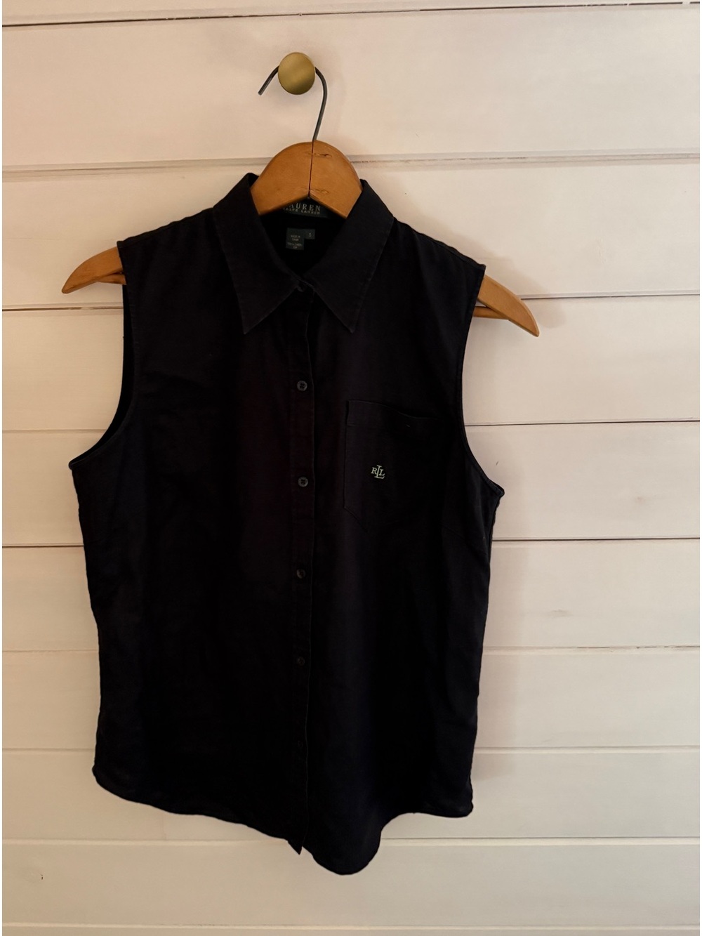 Lauren Ralph Lauren 100% Linen Sleeveless Button Up Top Black Women SMALL